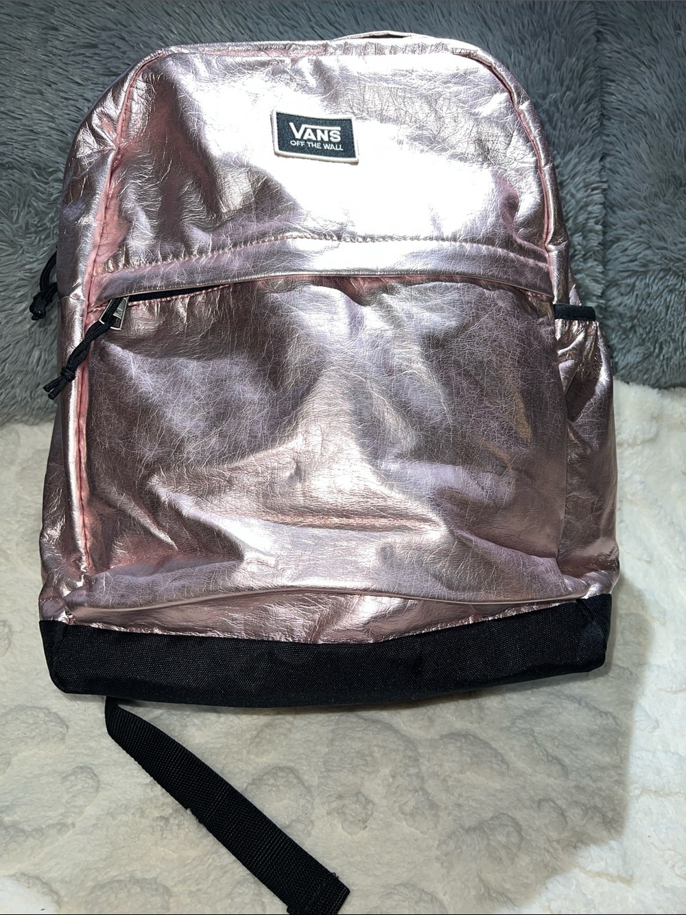 Vans Pep Squad Crinkled Metallic Finish Rose Gold Backpack with Black Base